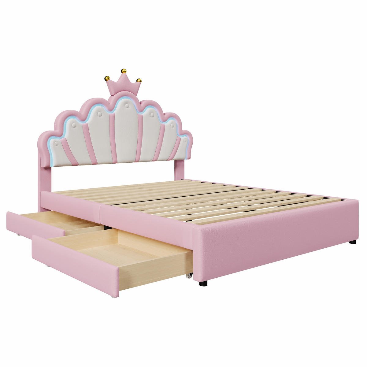 POLSTERBETT 140x200cm Rosa PU Fernbedienung Kronenform 2 Schubladen - Pink, Holz (140/200cm) - FLIEKS