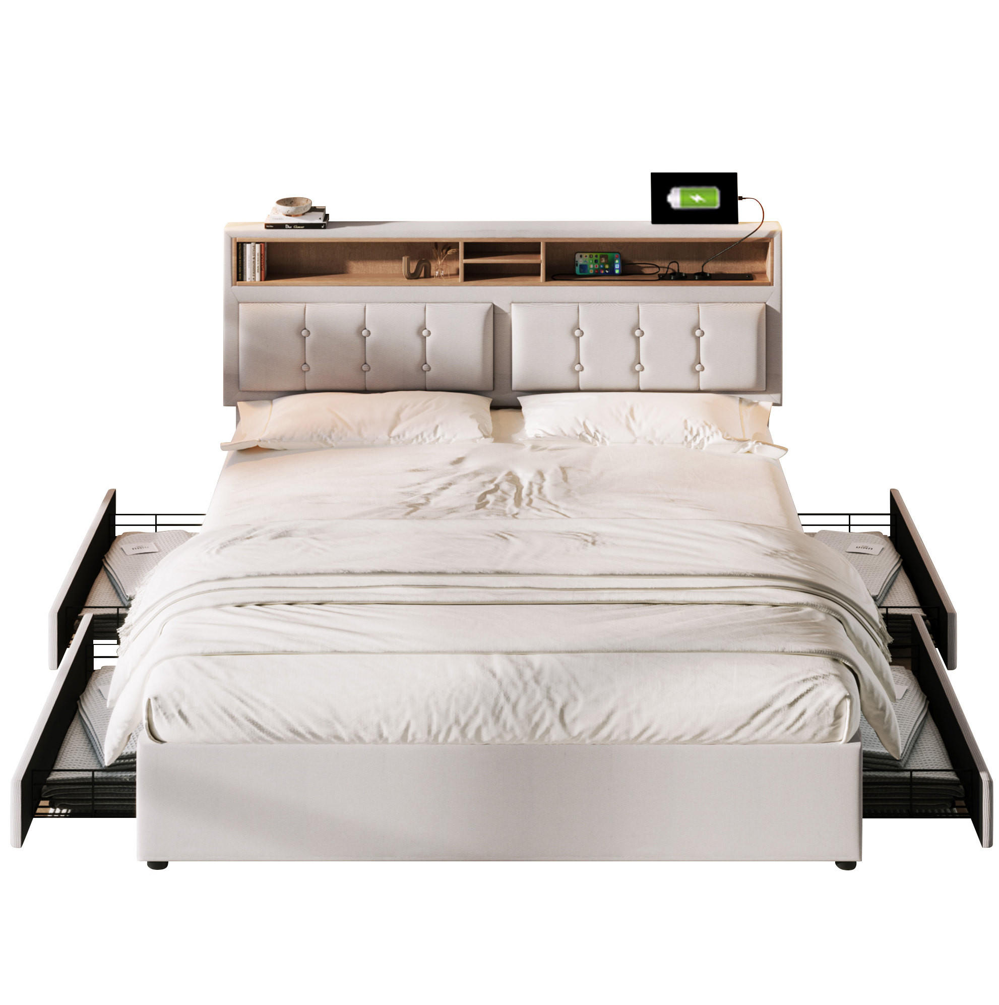 BETT mit 4 Schubladen und USB/Typ-C 140x200 cm Leinen Beige - Beige, Metall (140/200cm) - Meubliv