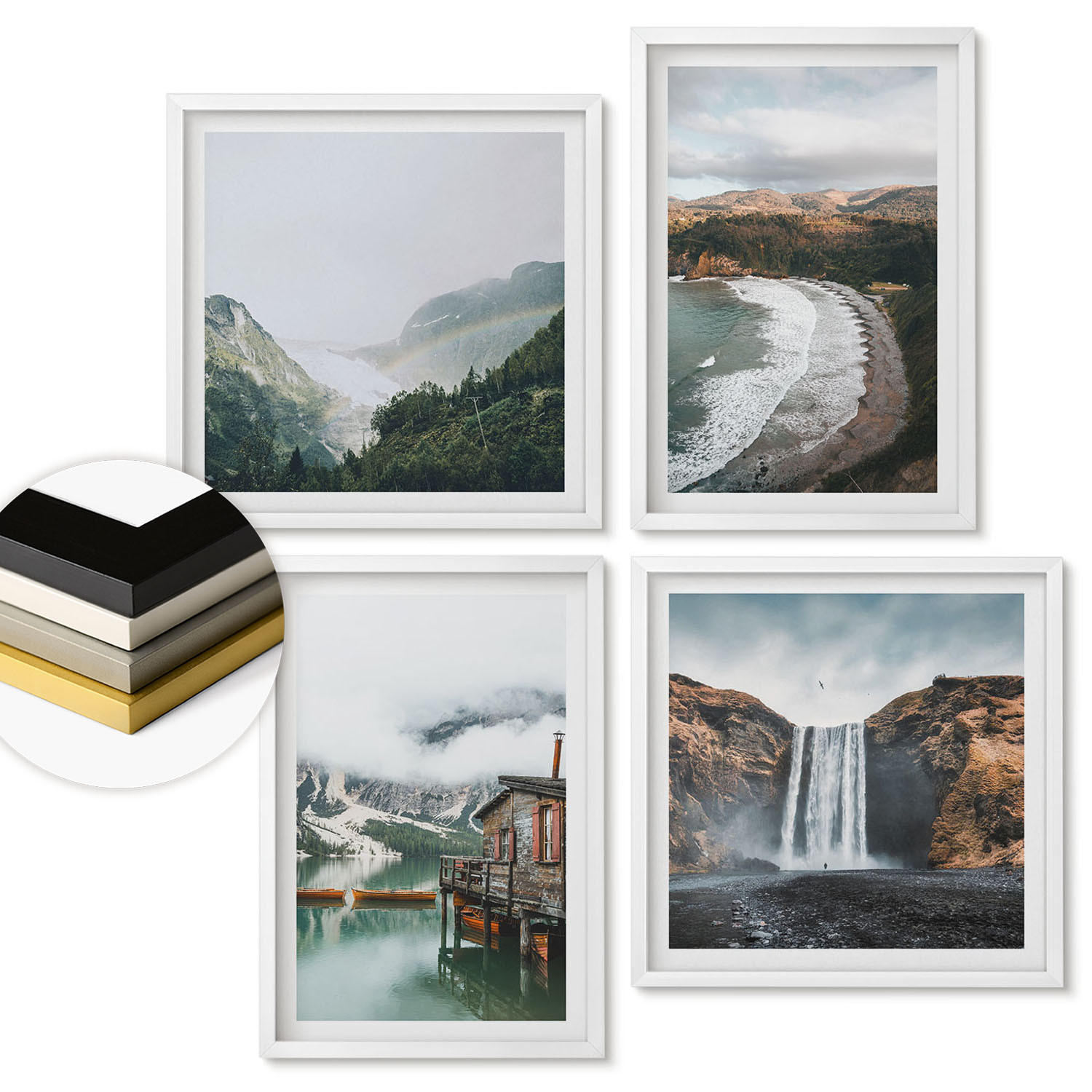 WANDBILDER 4er-Set - 50x50 cm & 40x60 cm Weißer Rahmen - Bergstrände Wolken Wasser - Weiß, Kunststoff (50/50cm) - ArtPrintCave