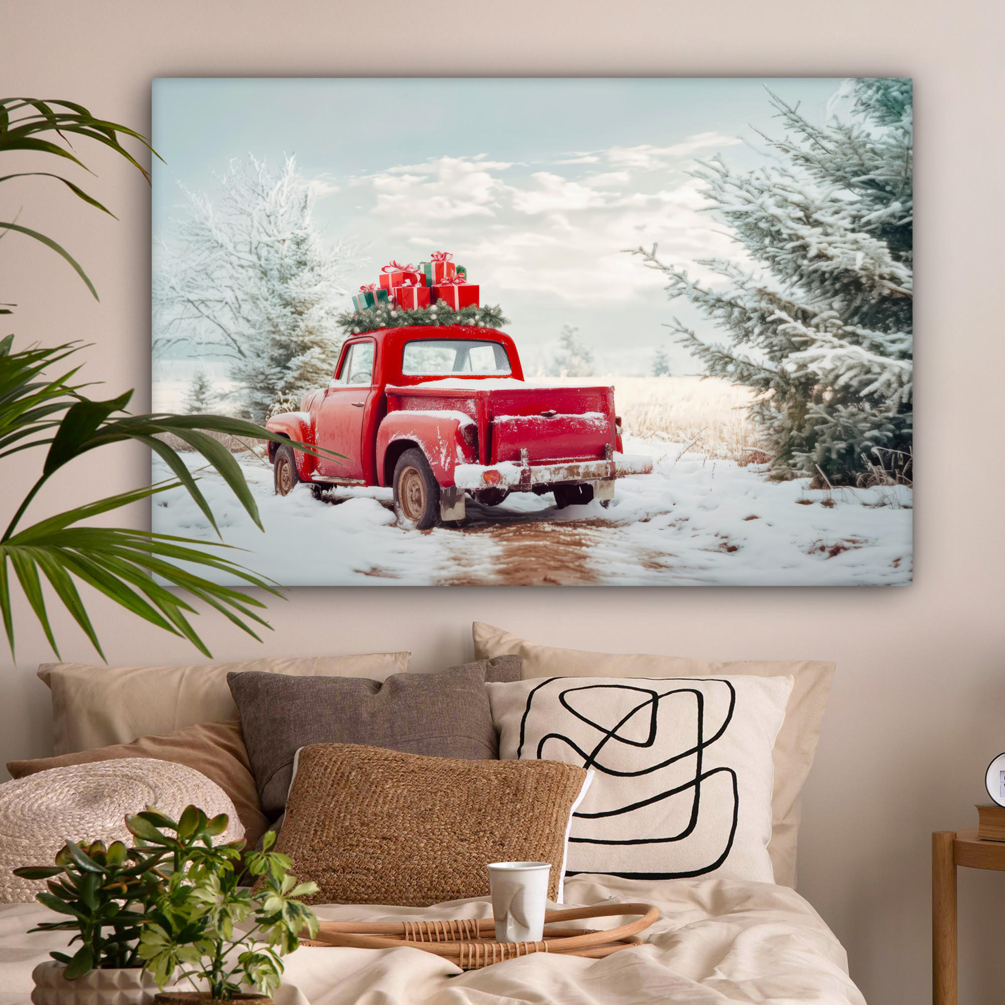 LEINWANDBILD Auto - Rot - Geschenke - Winter - Schnee - Weihnachten XXL 150x100 cm - Rot, Textil (150/100cm) - MuchoWow