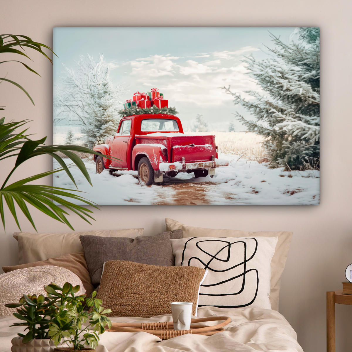 LEINWANDBILD Auto - Rot - Geschenke - Winter - Schnee - Weihnachten XXL 150x100 cm - Rot, Textil (150/100cm) - MuchoWow
