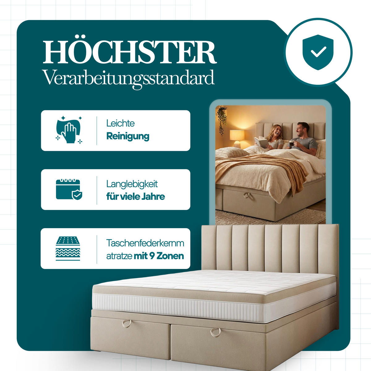 BOXSPRINGBETT BOND - Bett mit Matratze und Bettkasten - mit gestepptes Kopfteil - Schwarz - 140x200 cm - Schwarz, Textil (140/200cm) - Trada