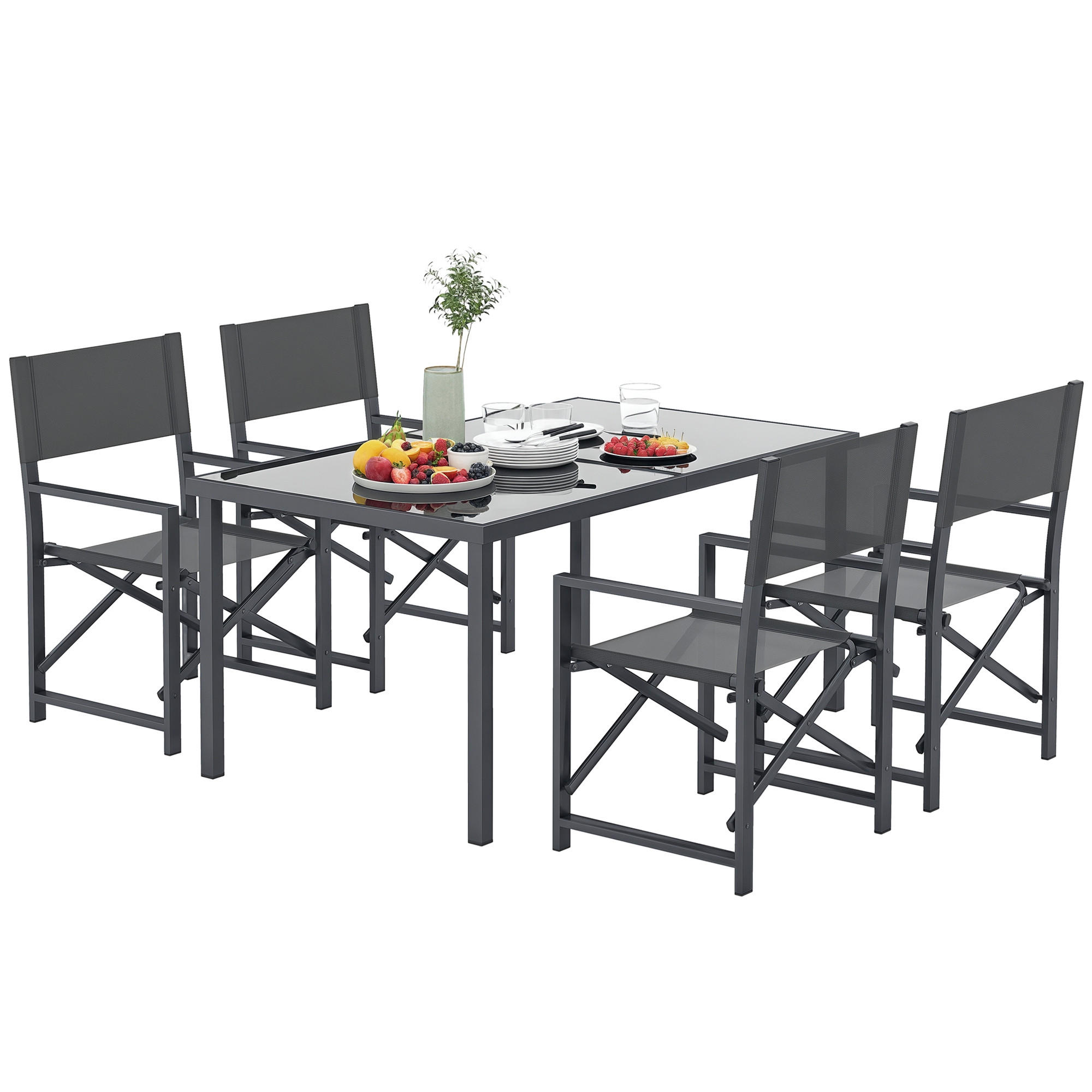 SITZGRUPPE 5-teilig DE-09823 mit Glastisch und klappbaren Stühlen Grau - Grau, Metall - ComfortXL