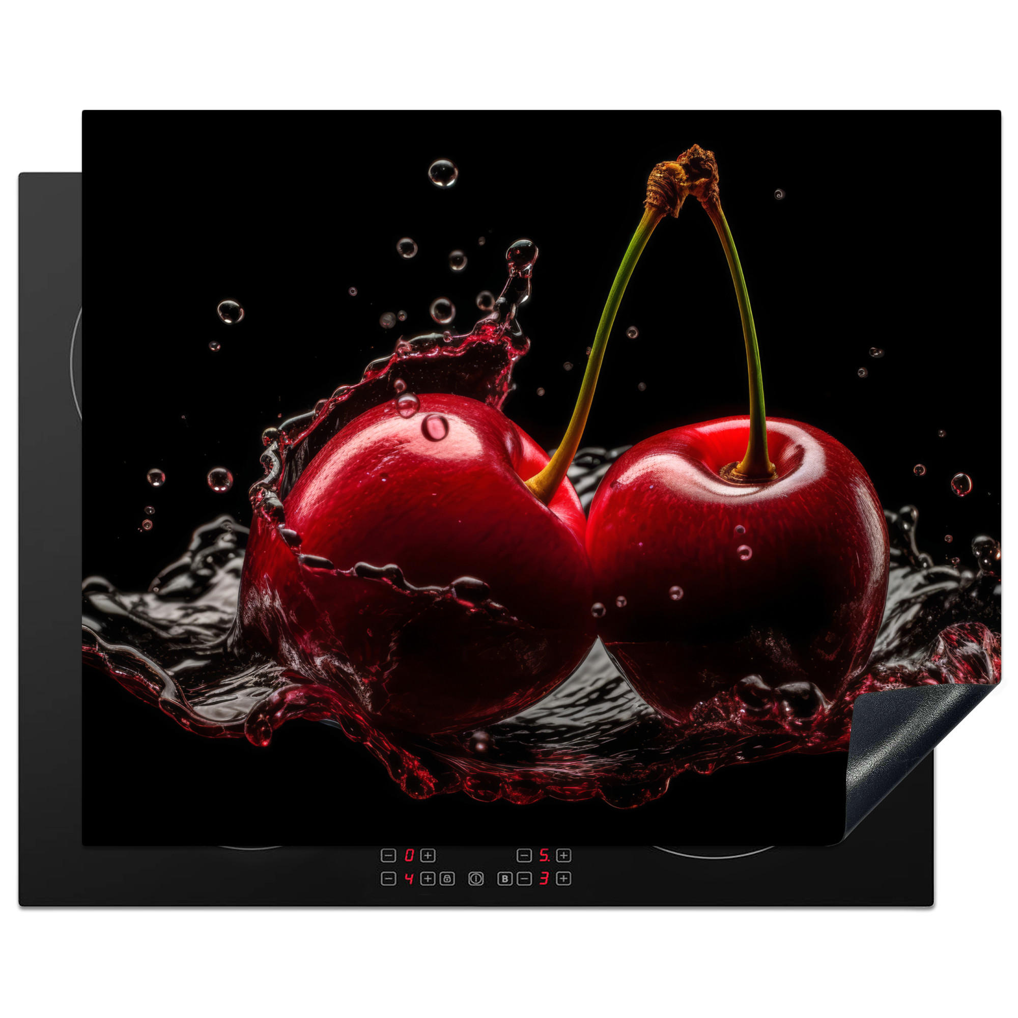 HERDABDECKPLATTE Kirsche - Rot - Frucht - Wasser - Schwarz 65x52 cm - Kirschrot, Kunststoff (65/0.2/52cm) - MuchoWow