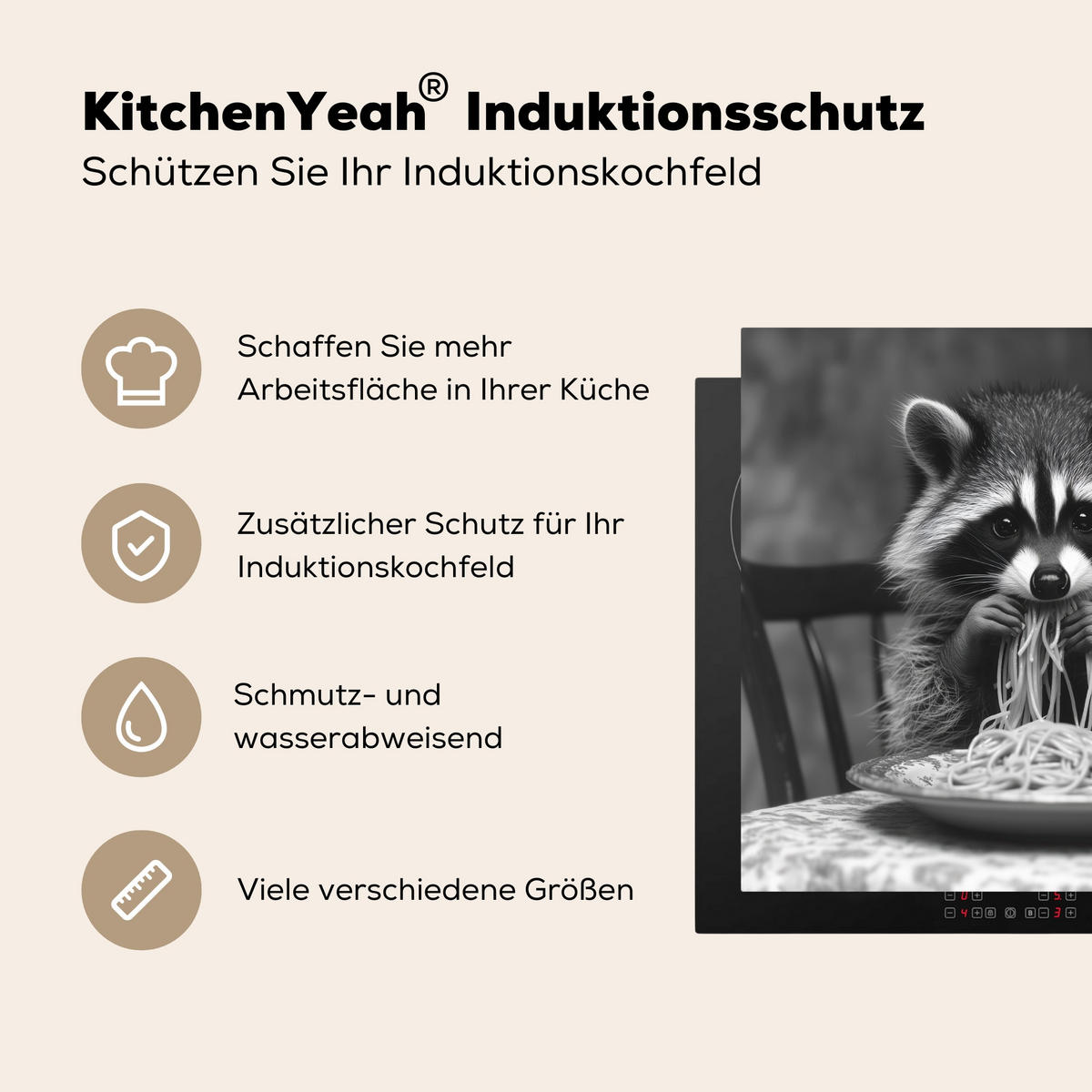 HERDABDECKPLATTE Waschbär - Niedlich - Pasta - Tischtuch - Schwarz - Weiß Herdabdeckung Induktionsfeld 60x52 cm - Grau, Kunststoff (60/52/0.2cm) - MuchoWow