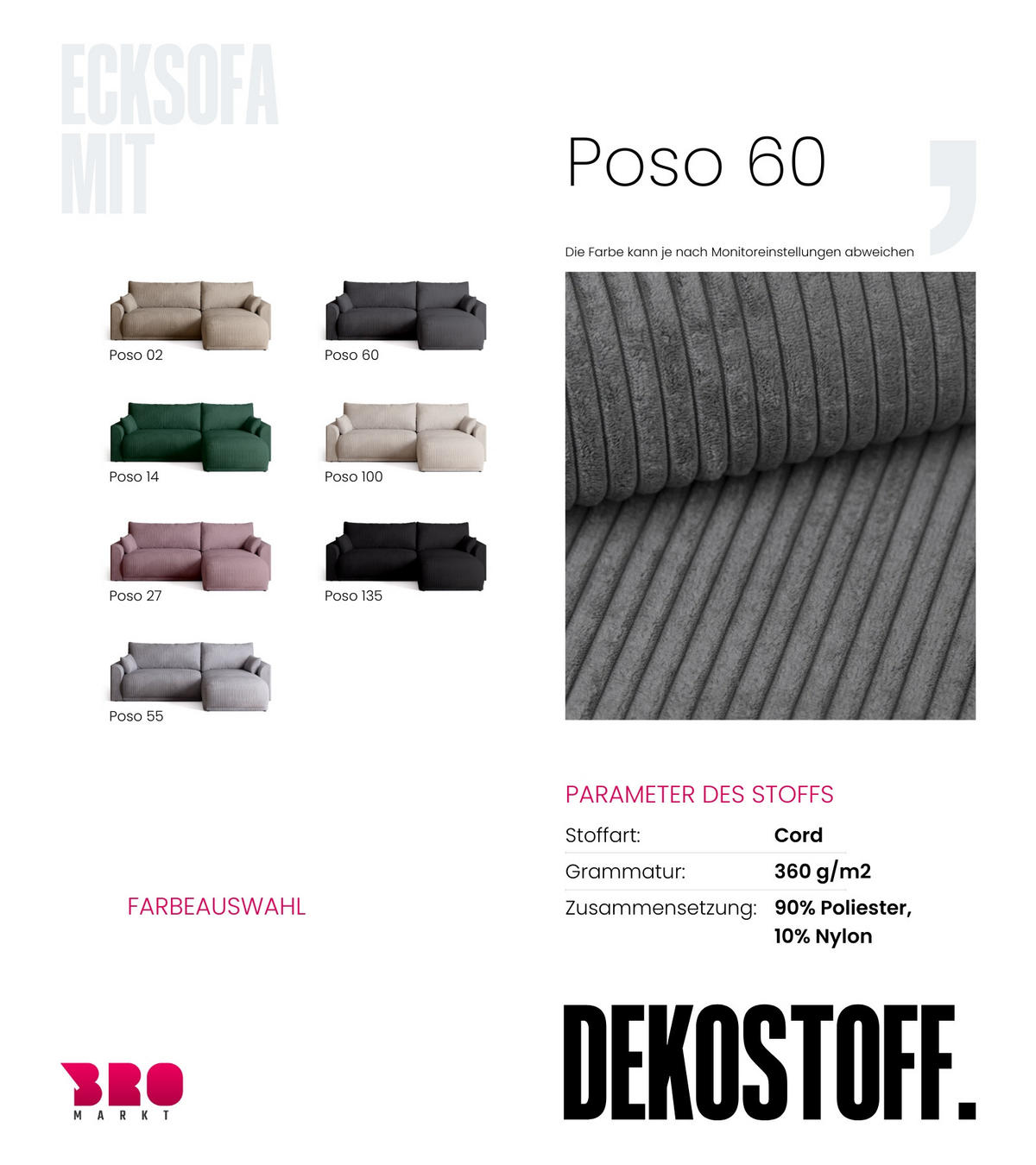 ECKSOFA MORENO mit Schlaffunktion Grau Cord - Grau, Textil (262/160cm) - Bromarkt