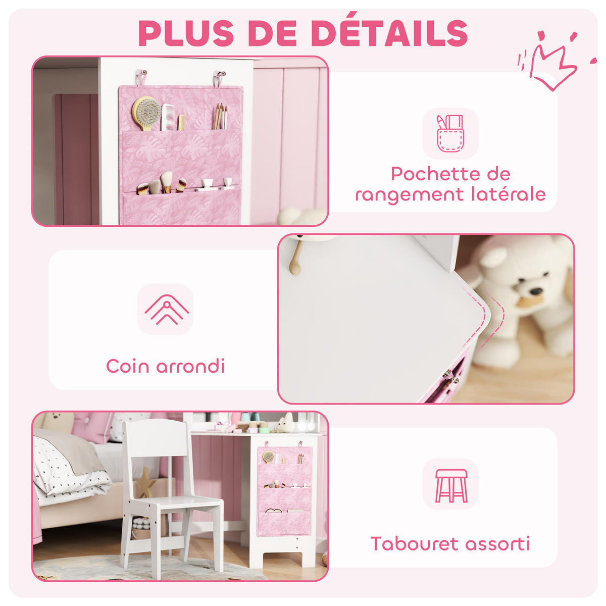 KINDERSCHMINKTISCH DE-18637 2-in-1 mit LED-Triptychonspiegel Weiß - Weiß, Holzwerkstoff (48.5/111.5/93.6cm) - ComfortXL