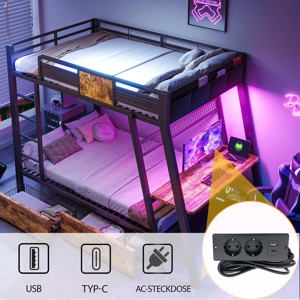 ETAGENBETT 90x200cm Metall Gaming Schreibtisch LED USB Schwarz - Schwarz, Metall (90/200cm) - FLIEKS