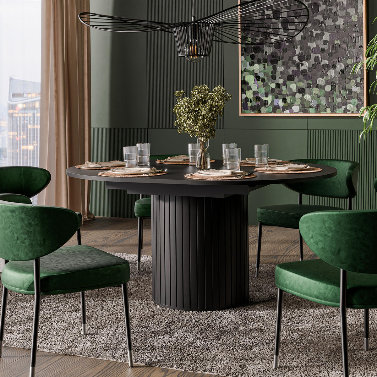 ESSTISCH Zalia 120–160 cm ausziehbar mit geriffeltem Säulenfuß, im Retro-Stil, Schwarz - Schwarz, Holzwerkstoff (120/120/77cm) - Beautysofa