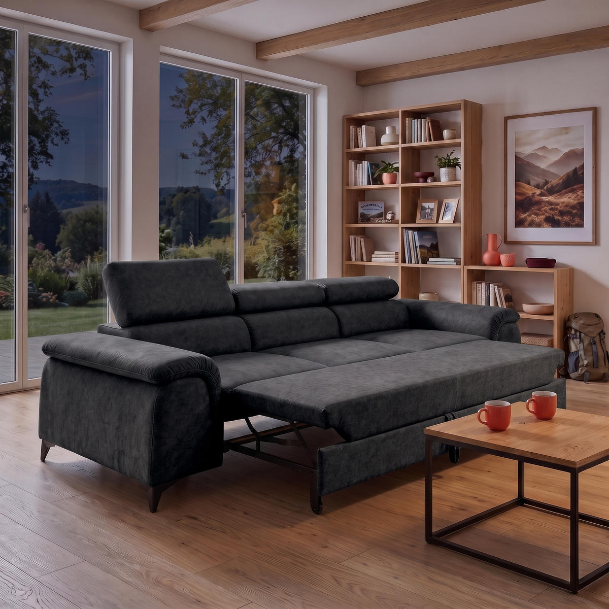 3-SITZER Sofa PLAZA mit Schlaffunktion 127x195 Velours Dunkelgrau - Dunkelgrau/Schwarz, Holz/Textil (260/90/100cm) - Muffo