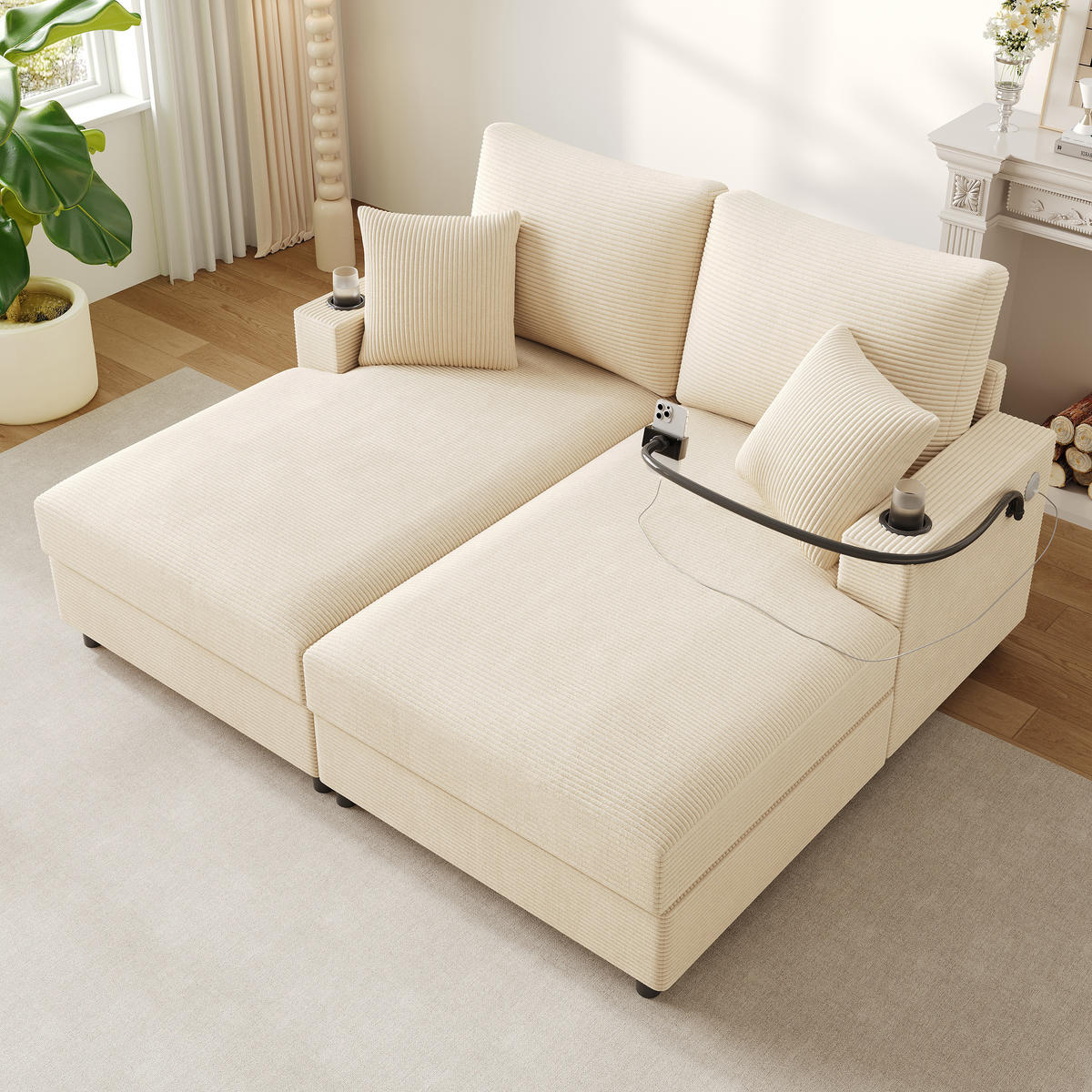 2-SITZER Schlafsofa Cord mit USB-Anschluss und Getränkehaltern Beige 163/140/82 cm - Beige, Textil (140/82/163cm) - Redom