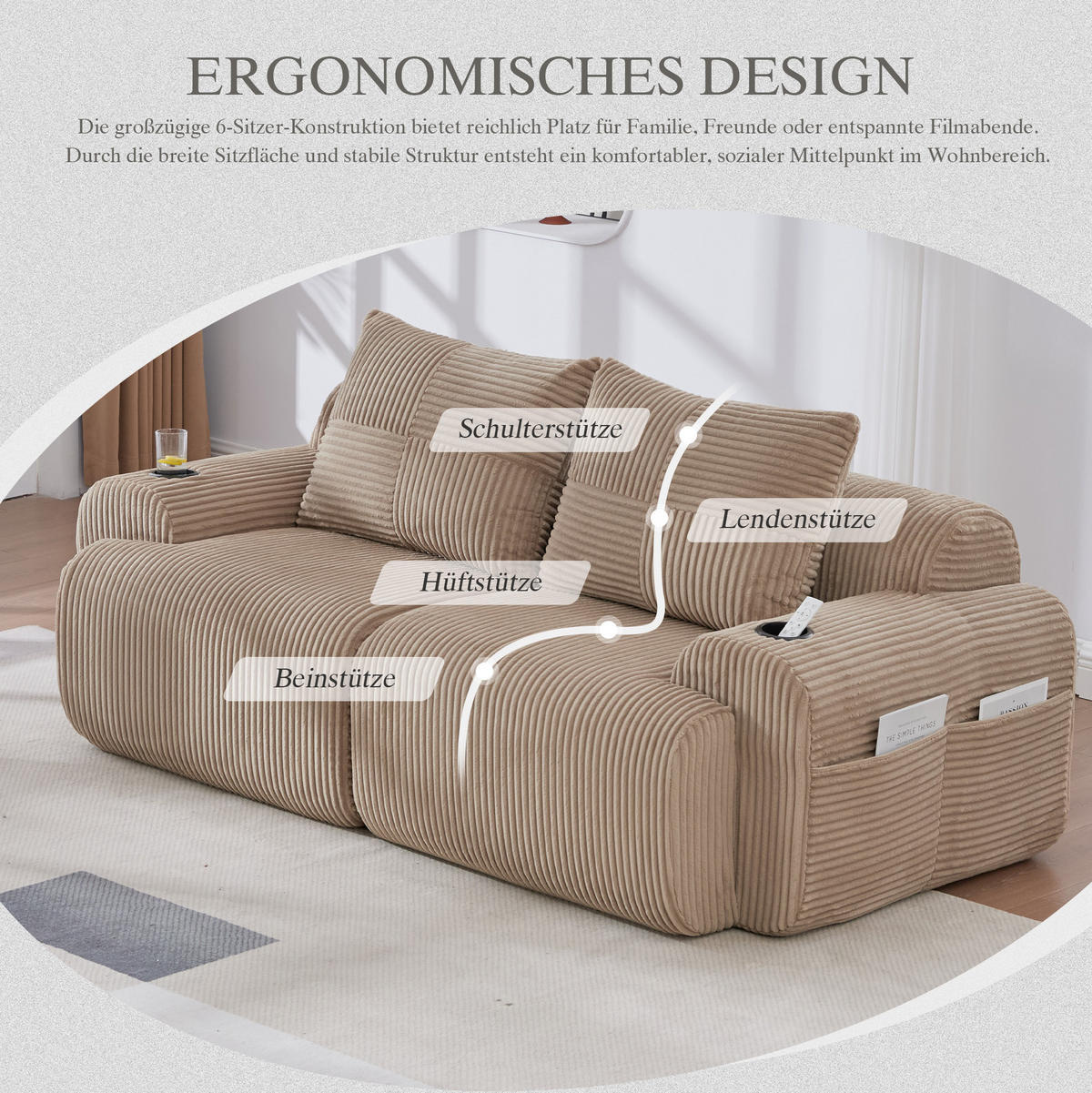2-SITZER Sofa Cord mit Getränkehalter und Seitentasche 200/99/80 cm Sandfarben - Sandfarben, Textil (99/80/200cm) - Redom