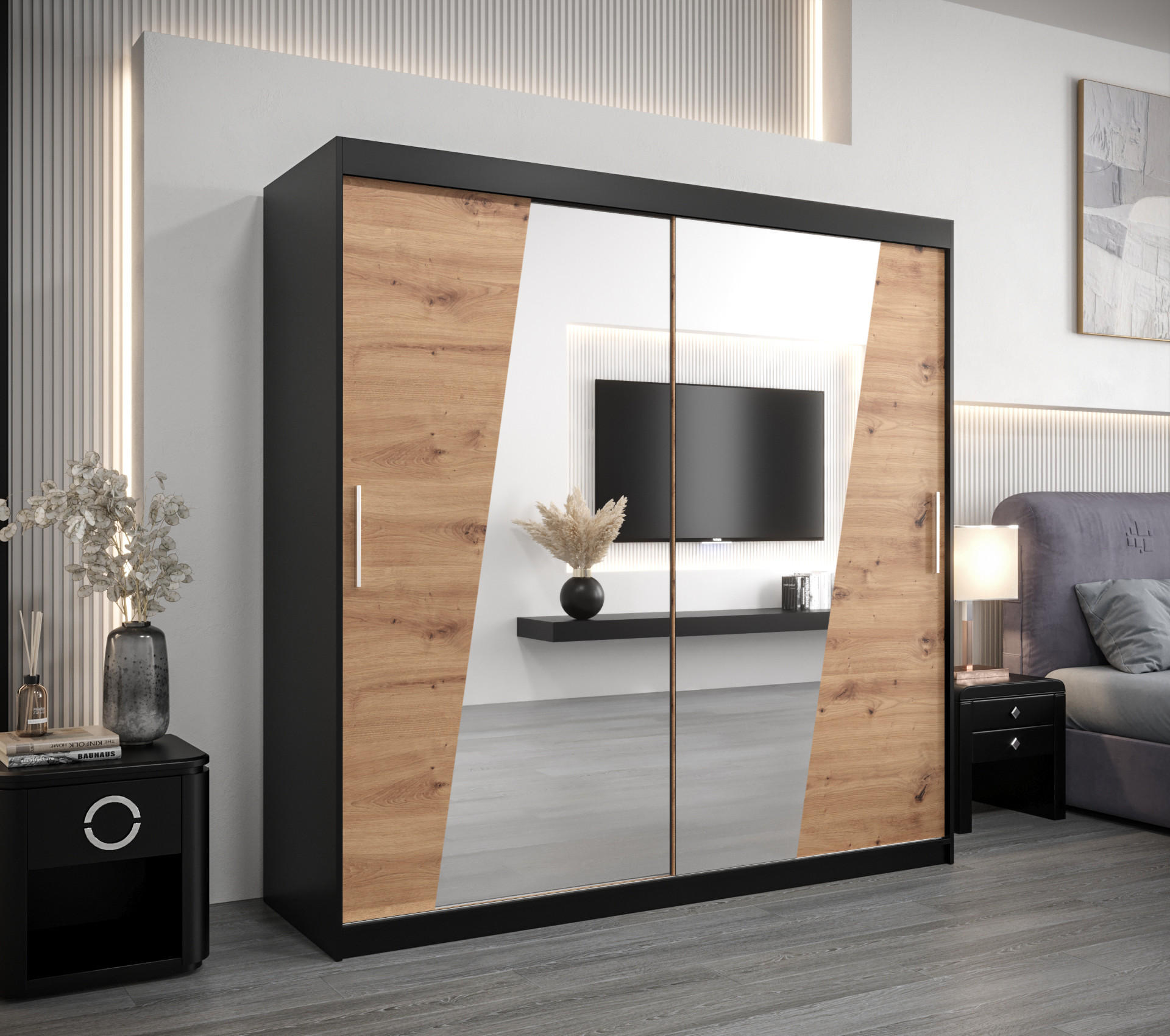 SCHWEBETÜRENSCHRANK 200/200/62 2-türig - Silberfarben/Schwarz, Holz/Kunststoff (200/200/62cm) - Abiks Möbel