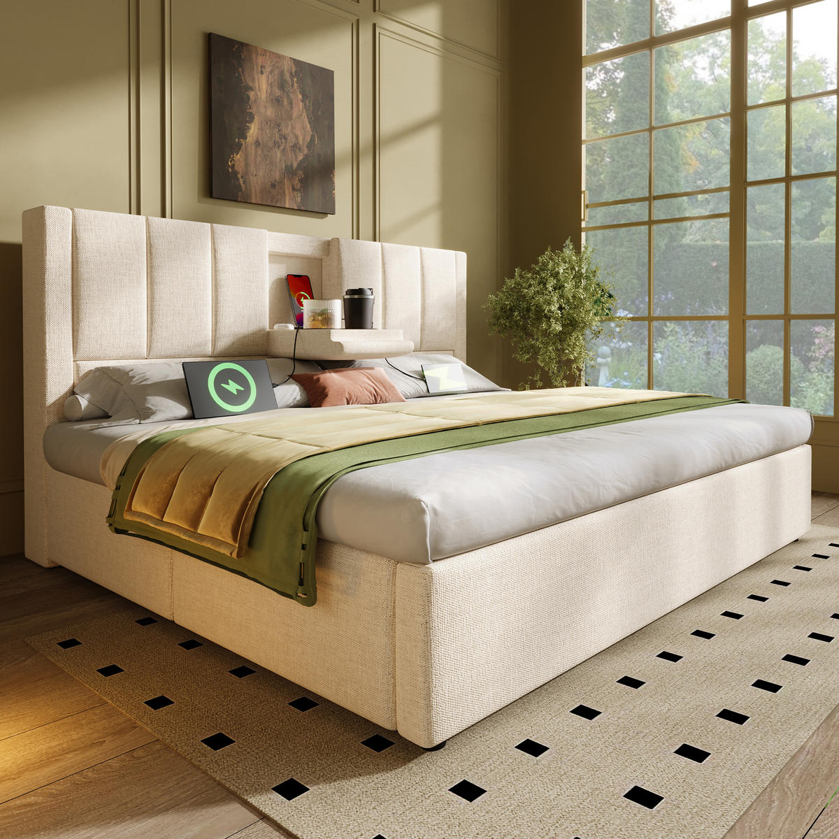 POLSTERBETT 160/200 cm mit Ladestation, verstecktem Becherhalter und hydraulischem Bettkasten, Beige - Beige, Textil (160/200cm) - Redom