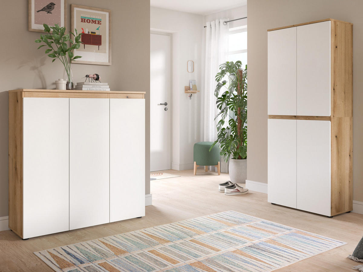 MEHRZWECKSCHRANK weiß, Evoke Eiche 70 x 175 cm, Stauraumschrank 4-türig mit 9 Fächern - Eichefarben/Schwarz, Holzwerkstoff/Kunststoff (70/175/37cm) - Inn.Furn