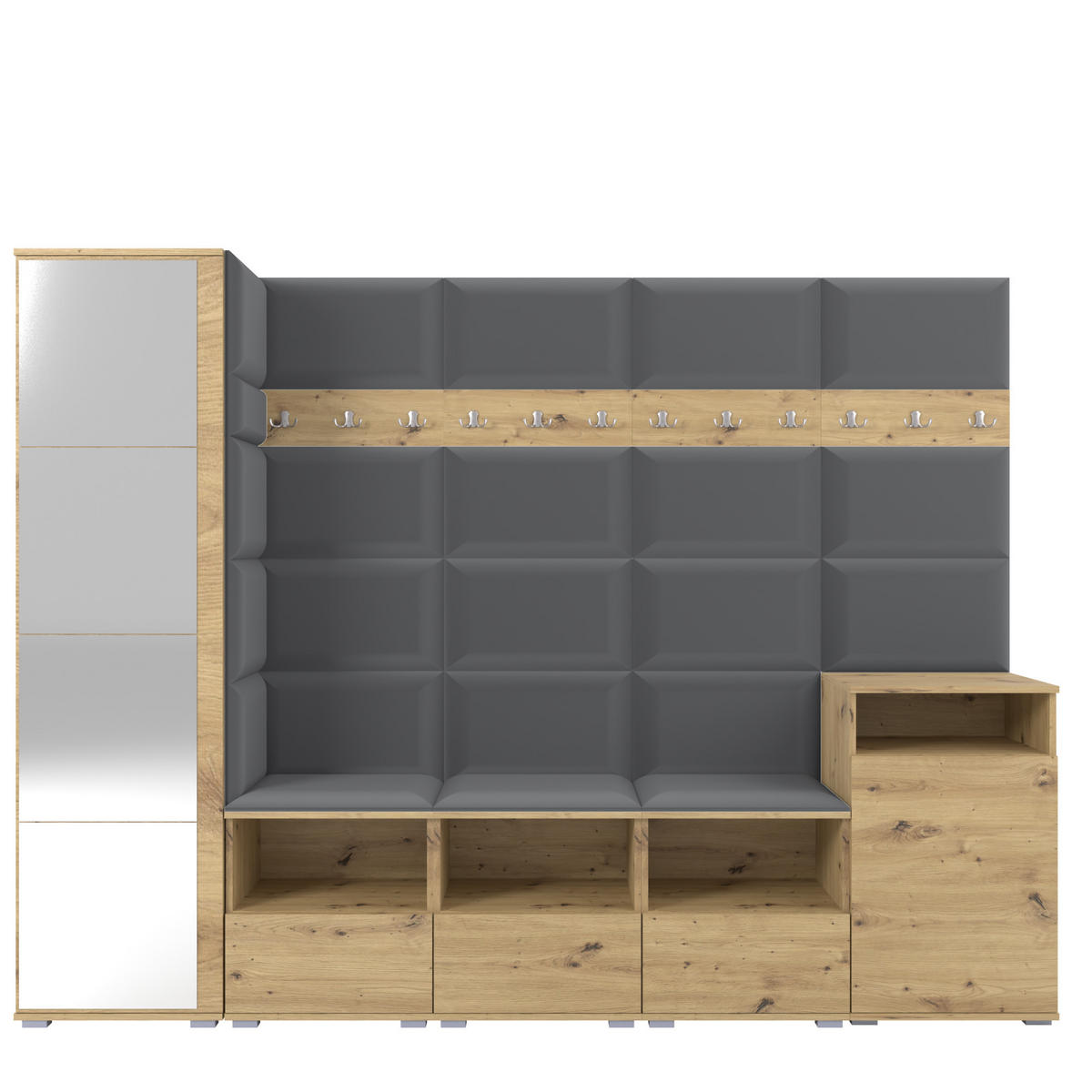 GARDEROBE NELA XI 250 cm (Modulare Flurmöbel Artisan Eiche mit Spiegel & Sitzpolster Dunkelgrau 15 Großes Set) - Dunkelgrau/Silberfarben, Holz/Holzwerkstoff (250/187/40cm) - Ravio