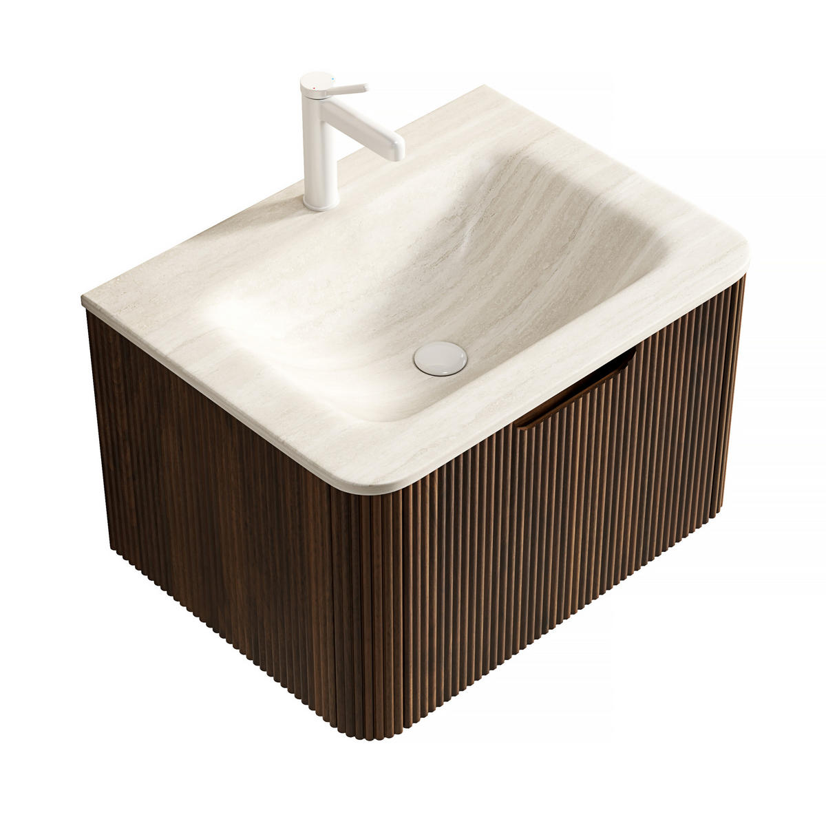 WASCHTISCHKOMBI mit gesintertem Steinbecken 60x46x37.5cm Beige & Nussbaum, LED-Soft-Close - Walnussfarben, Stein (46/37.5/60cm) - Modfu