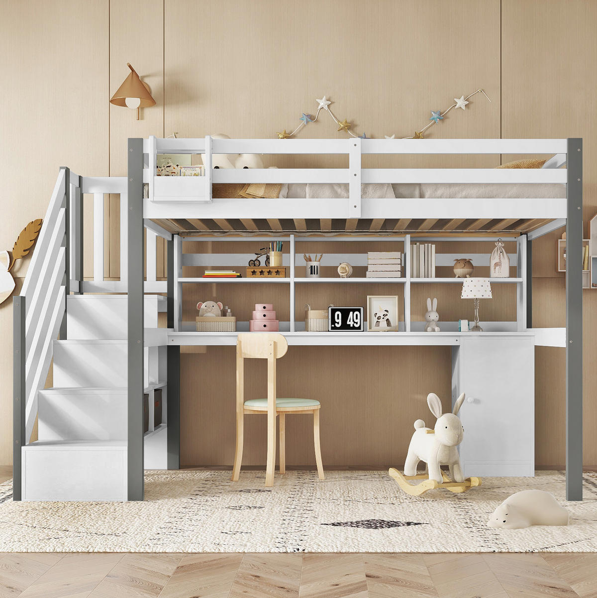 HOCHBETT 90/200 cm Weiß/Grau aus Massivholz und MDF mit Schreibtisch und Stauraum - Weiß, Holz (90/200cm) - OKMYHOME