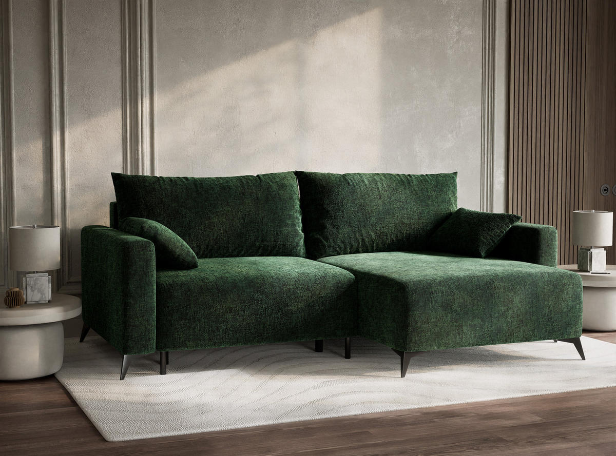 ECKSOFA MIT SCHLAFFUNKTION Leon Dunkelgrün Chenille-Stoff - Dunkelgrün/Schwarz, Holz/Holzwerkstoff (239/148cm) - Maison de Reve