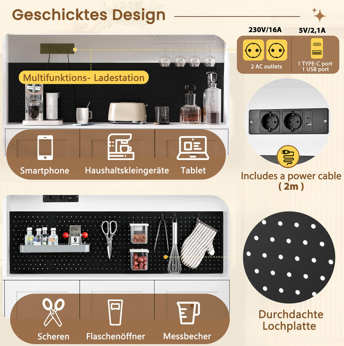 BUFFET 120/40/184 cm aus MDF mit Steckdosen, Lochplatte und Riffelglastüren Weiß - Weiß, Holzwerkstoff (120/184/40cm) - Modenvie