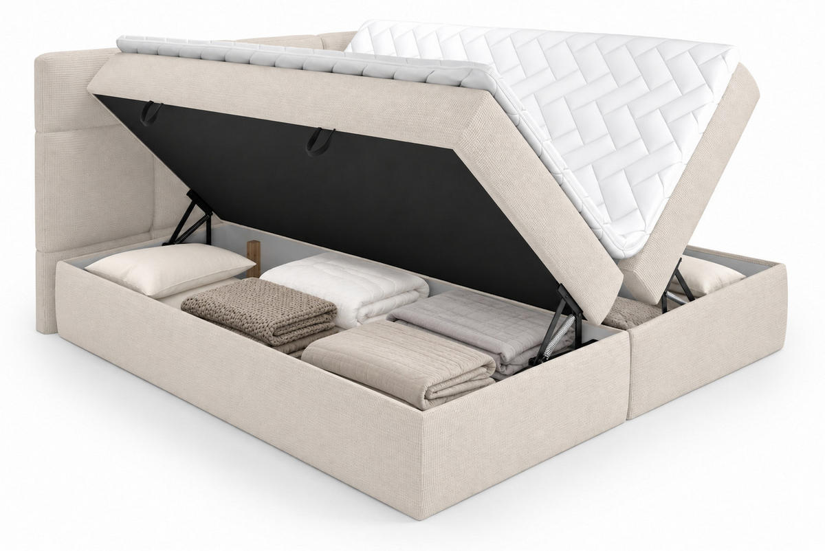 BOXSPRINGBETT RUHE 180x200 cm mit Bettkasten und HR-Topper – Hellbeige - Hellgrau, Kunststoff/Textil (180/200cm) - MebleHot