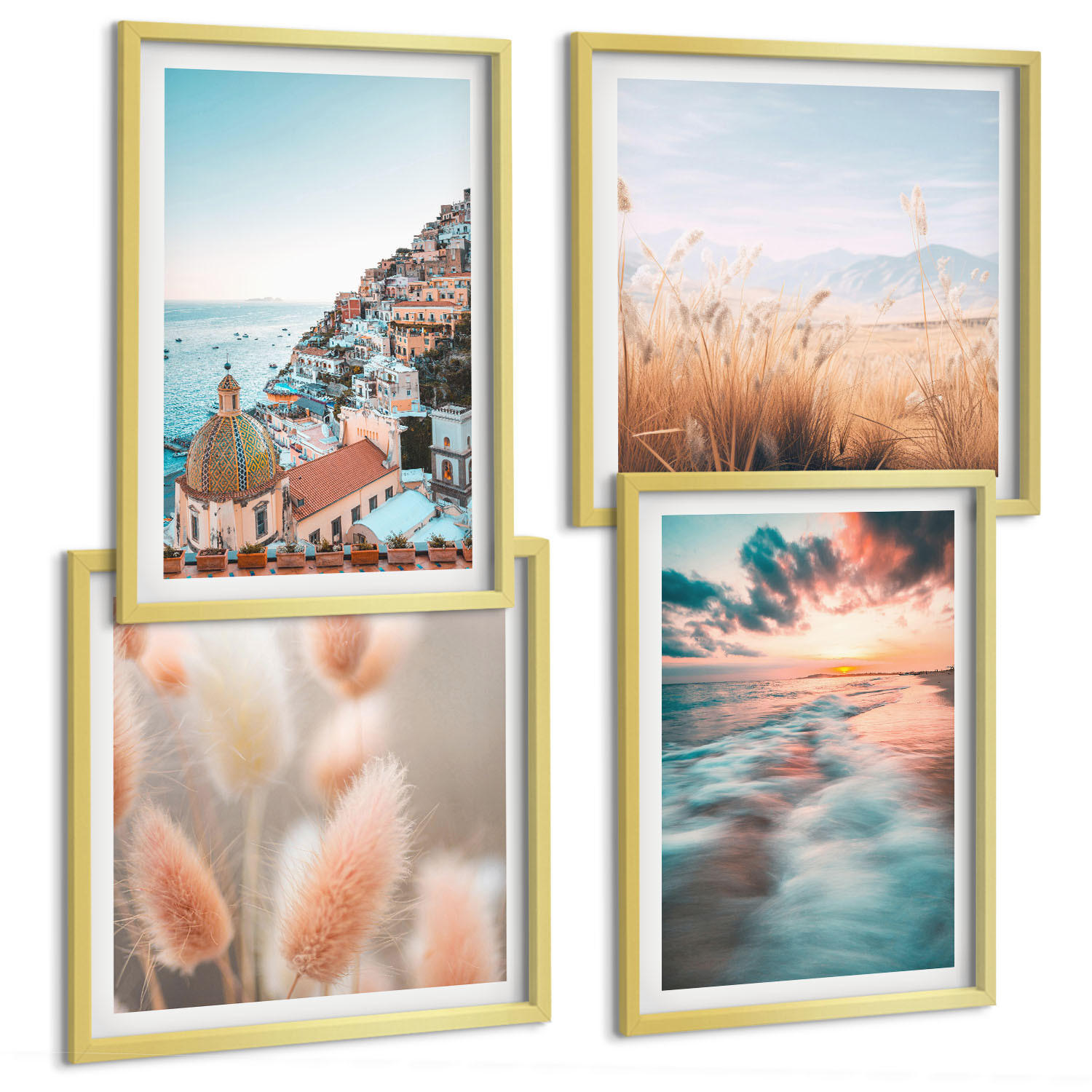 BILDER SET 4er Set - 50x50 cm & 40x60 cm Goldrahmen - Sonnenuntergang am Meer, Häuser, Blumen - Goldfarben, Kunststoff (50/50cm) - TULUP