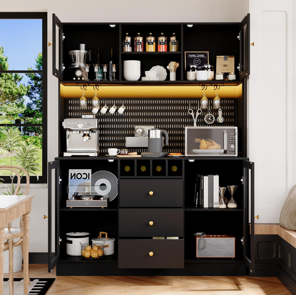 BUFFET 140/40/185,7 cm schwarz aus MDF und Glas mit LED-Beleuchtung - Schwarz, Holzwerkstoff (140/185.7/40cm) - OKWISH