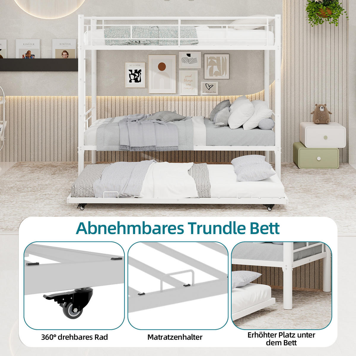 ETAGENBETT 90/190 mit Sicherheitsgeländern und Leiter aus Metall - Weiß, Holzwerkstoff (90/190cm) - EVRYAE
