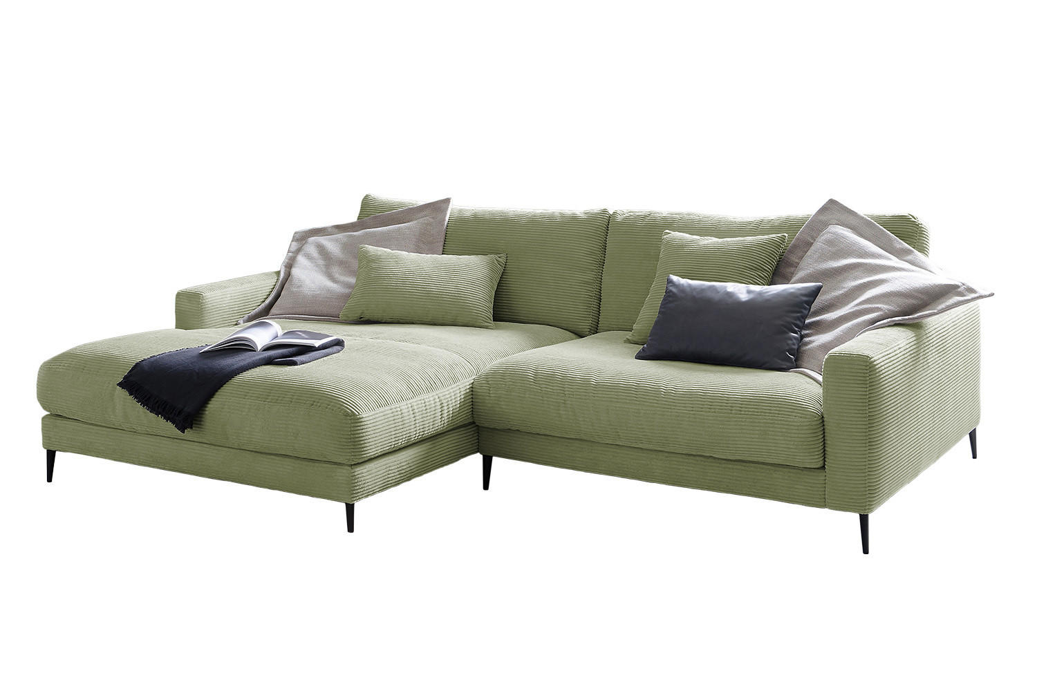 ECKSOFA CARA Grün Cord - Schwarz/Grün, Textil/Metall (272/190cm) - KAWOLA