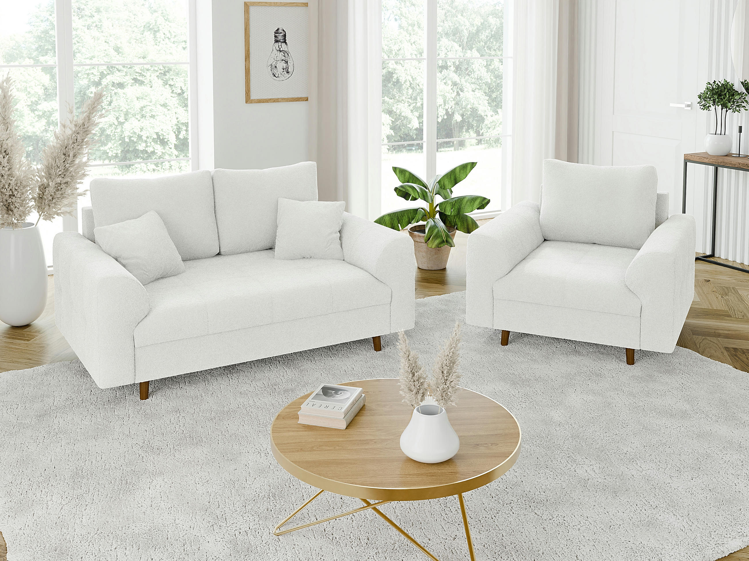 SITZGARNITUR 2+1 Henrik Weiß Boucle - Weiß/Braun, Holz/Textil (150/81/93cm) - S-Style Möbel