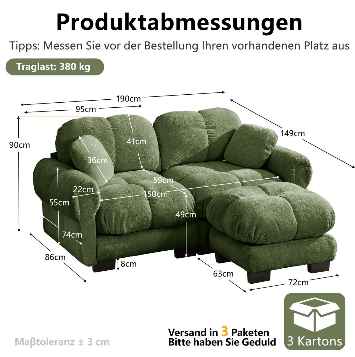 SOFA 190/149/90 cm in Grün aus Chenille mit Steppnaht und Ottomane - Grün, Textil (149/90/190cm) - Flora Grace