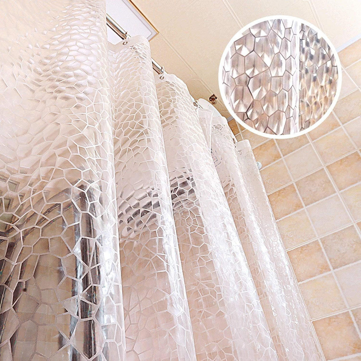 DUSCHVORHANG Wasserwürfel transparent 3D waschbar schimmelresistent mit Haken für Badewanne - Weiß, Kunststoff (180/0.2cm) - MCBOSON