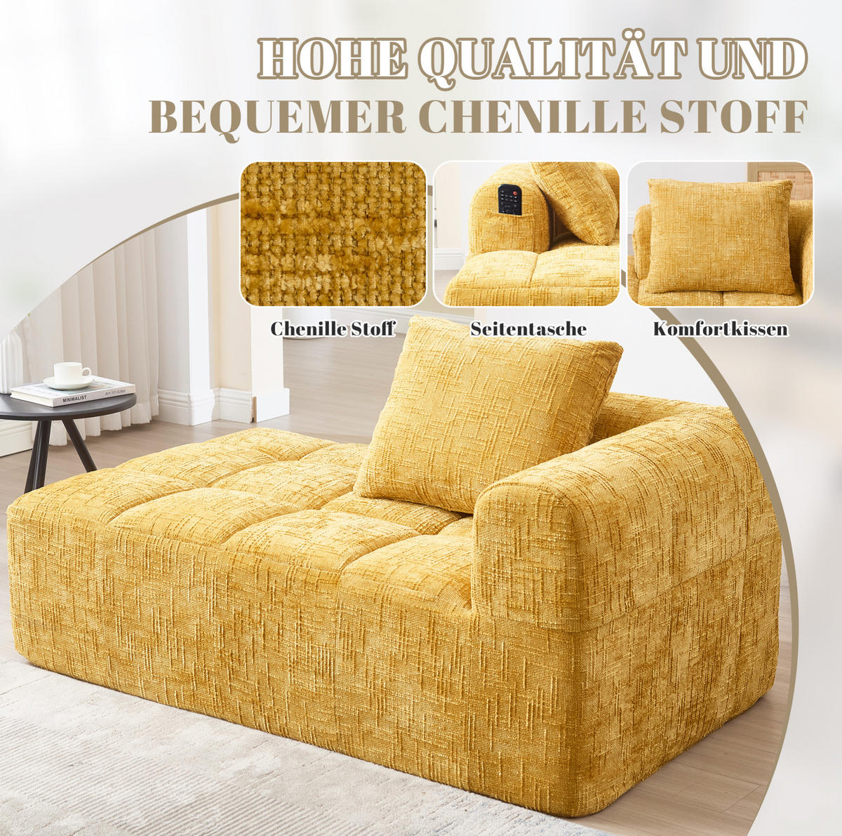 CHAISELONGUE Sofa Chenille mit Seitentaschen und Kissen 158/90/60 cm Gelb - Gelb, Textil (60/158/90cm) - Redom