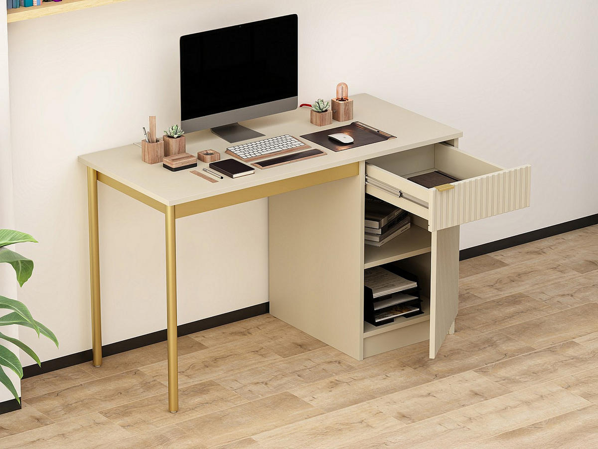 SCHREIBTISCH mit Stauraum - MDF und Metall - Beige und Gold - MILIAKI - Beige, Holz (55/120/75cm) - Vente-Unique