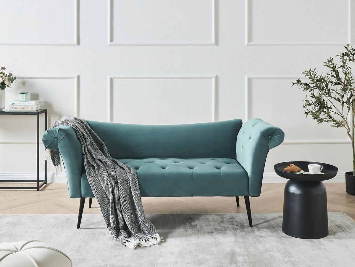 ČALOUNĚNÉ LEHÁTKO CHAISE LONGUE Sametová látka Modrozelené Nantilly - modrá/černá, textil (175/76/69cm) - Beliani