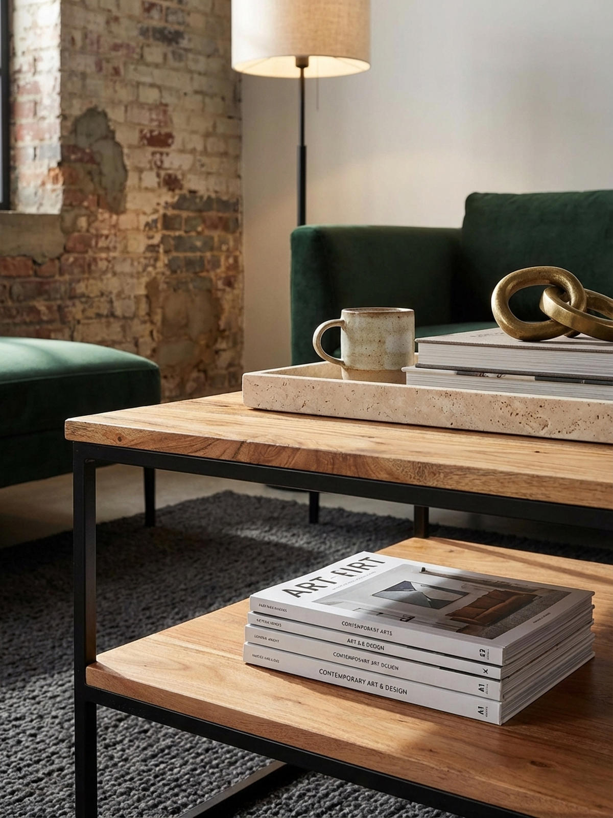 COUCHTISCH Industrial, Akazienholz mit Metallbeinen, zwei Ablageflächen - Beige/Schwarz, Holz/Metall (60/60/41cm) - KADIMA DESIGN
