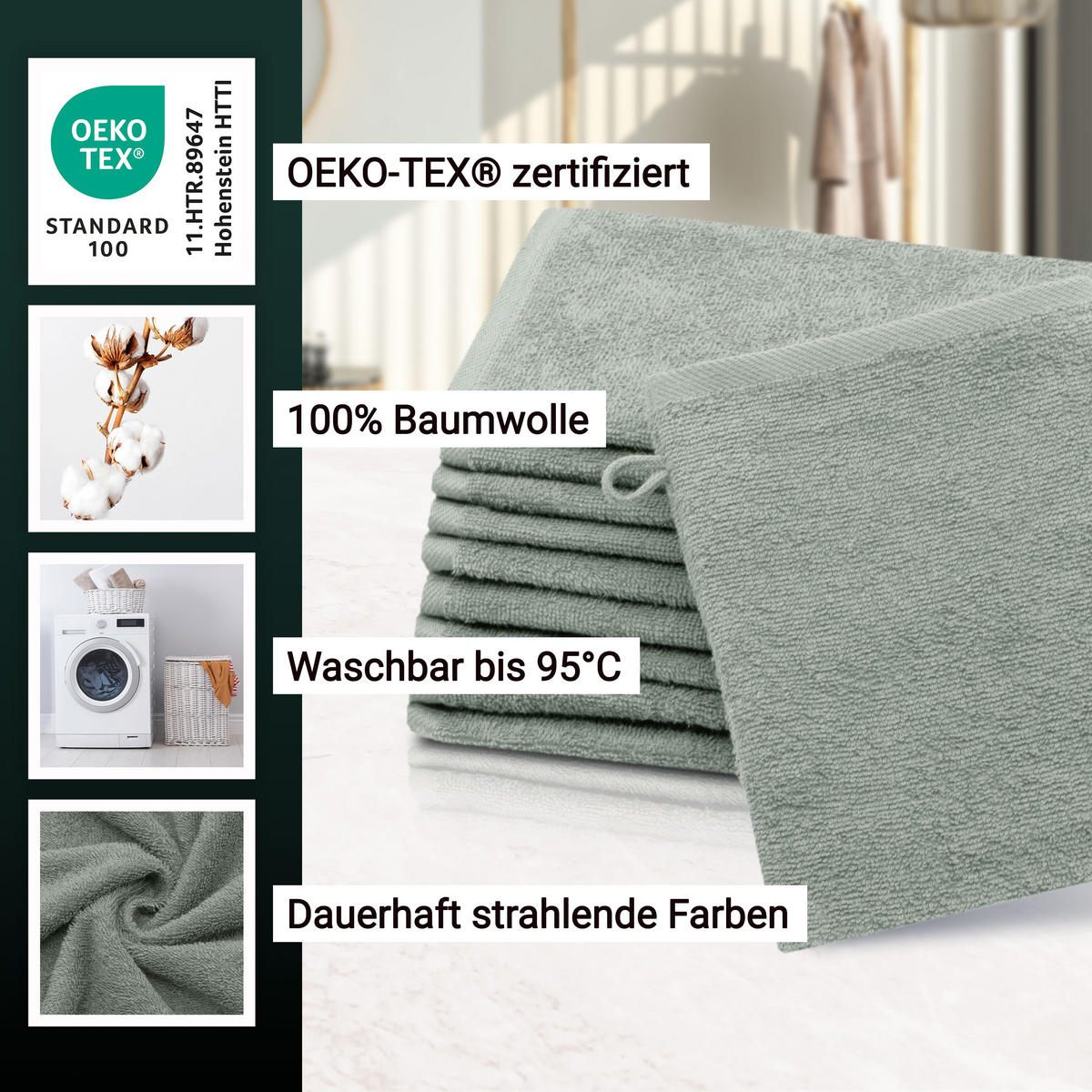 WASCHHANDSCHUH, 10er-Set, 16x21 cm, 100% Baumwolle, Grau - Hellgrau, Textil (16/21cm) - Zollner