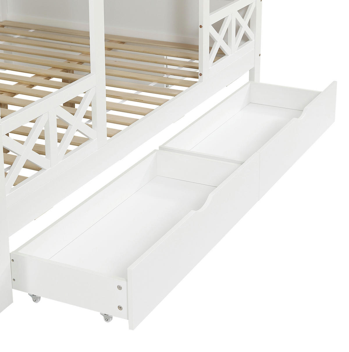 ETAGENBETT 90/200 cm & 140/200 cm mit 2 Schubladen, Treppenschrank und Hausdach aus Holz, Weiß - Weiß, Holz (90/200cm) - Redom