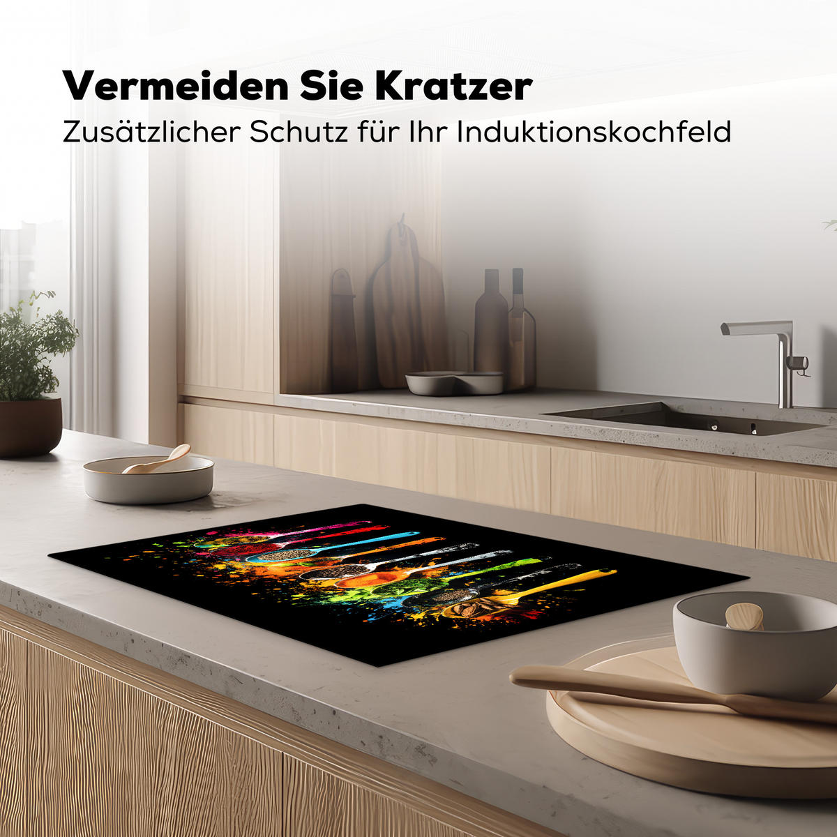 HERDABDECKPLATTE Löffel - Gewürze - Modern - Graffiti - Farbe - Farbenfroh 75x52 cm - Multicolor, Kunststoff (75/52/0.2cm) - MuchoWow