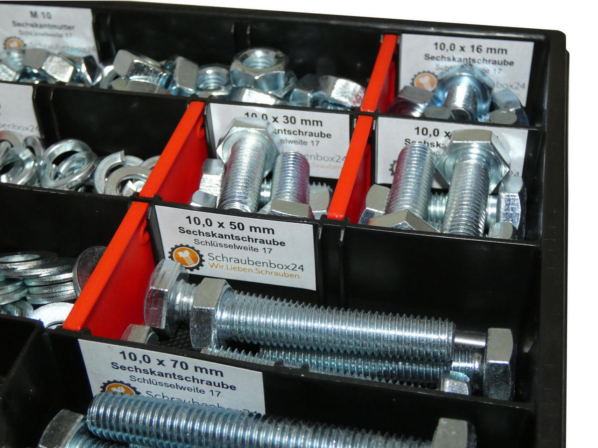 SCHRAUBENSET mit Sechskantschrauben, Muttern, Unterlegscheiben und Federringen M10 // 12mm-70mm 200 tlg - Zinkfarben, Metall (10/3.5cm) - Schraubenbox24