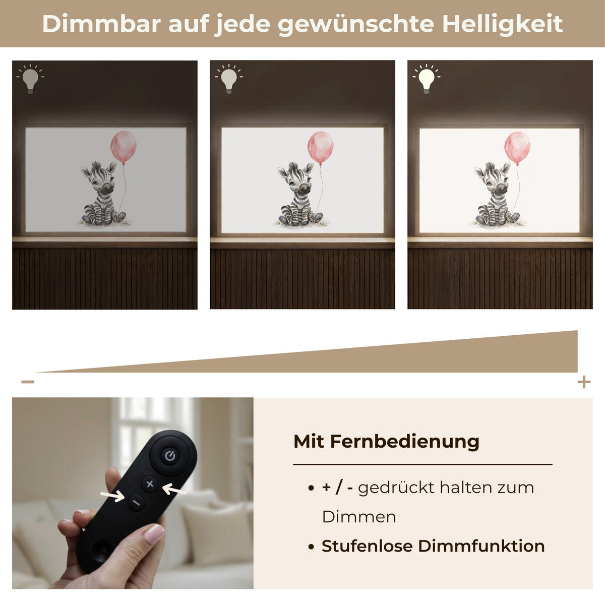 WANDLEUCHTE MIT AKKU Zebra - Baby - Tiere - Rosa Luftballon 60x40 cm - Weiß, Holzwerkstoff (60/40/8cm) - OnlyWow