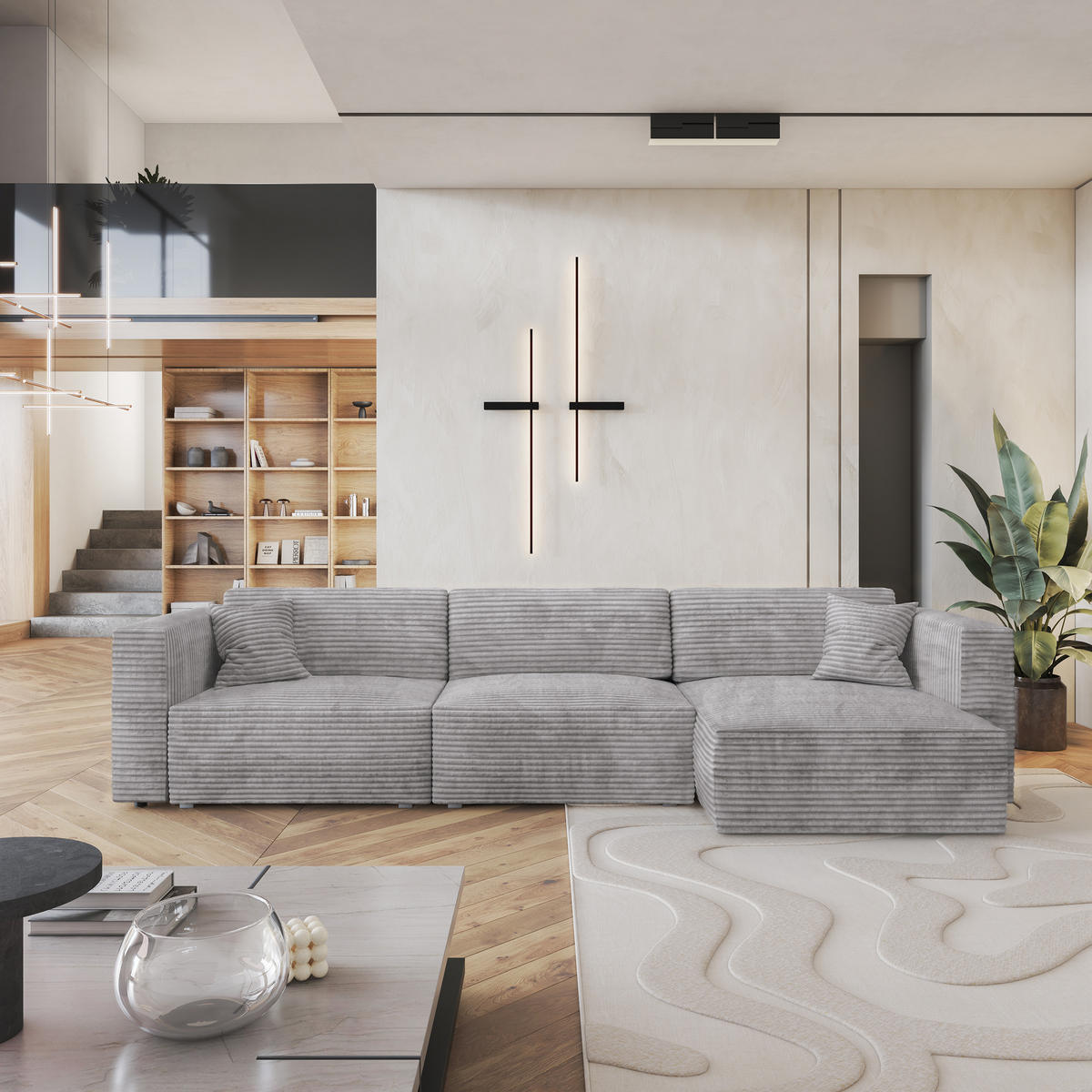 ECKSOFA TOLMO Hellgrau Kordstoff mit Schlaffunktion - Hellgrau/Grau, Holz/Kunststoff (347/148cm) - MASSENO