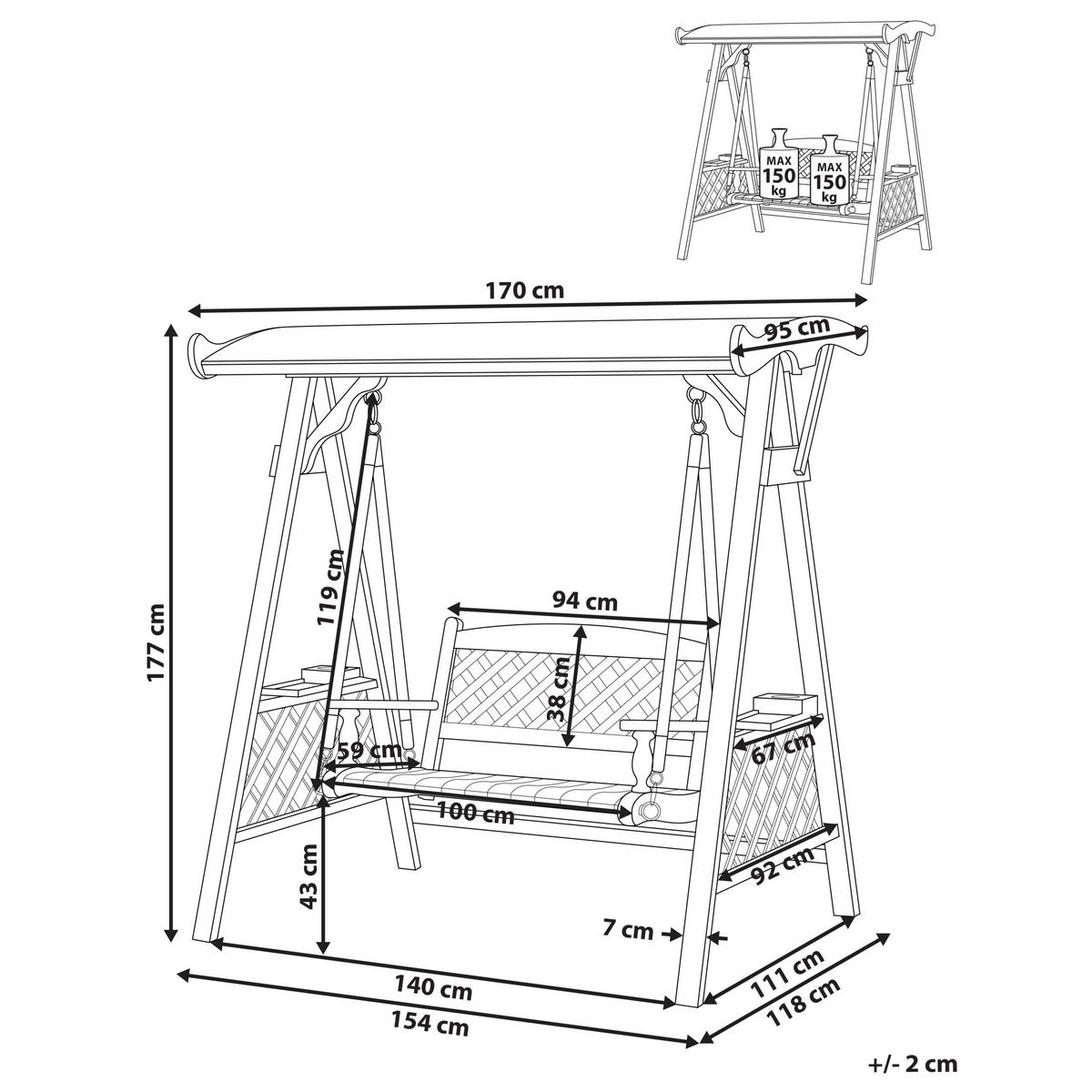 HOLLYWOODSCHAUKEL 2-Sitzer Dunkler Holzfarbton Senarica - Dunkelbraun/Goldfarben, Holz (170/177/118cm) - Beliani