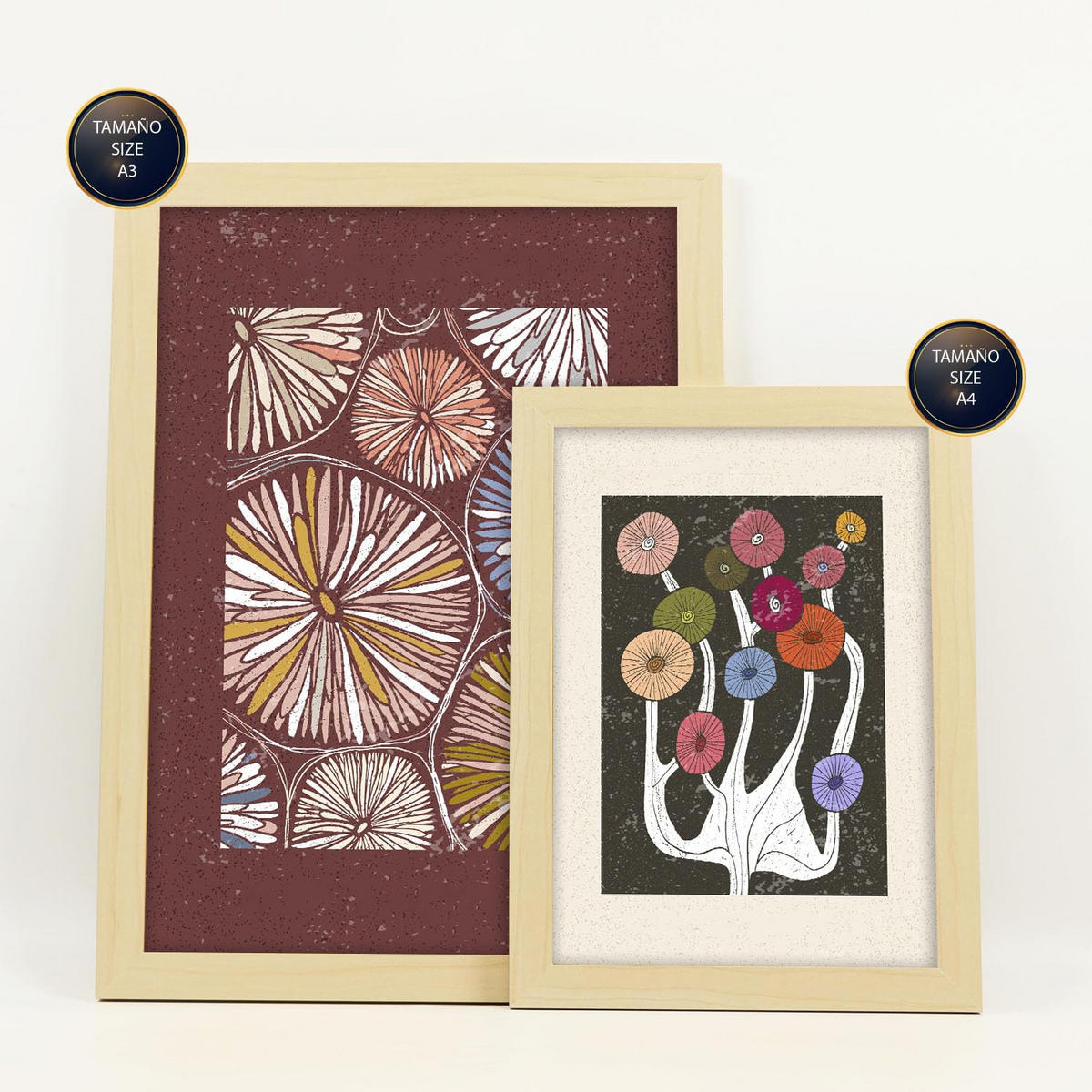POSTER Set Mit 6 Drucken Von Blumen Im Ethnischen Drucke Sammlung Ästhetische Dekorative Für Zuhause Wandkunstdruck A3 & A4 Rahmen Aus Hellem Holz - Beige, Papier (29/3cm) - Nacnic