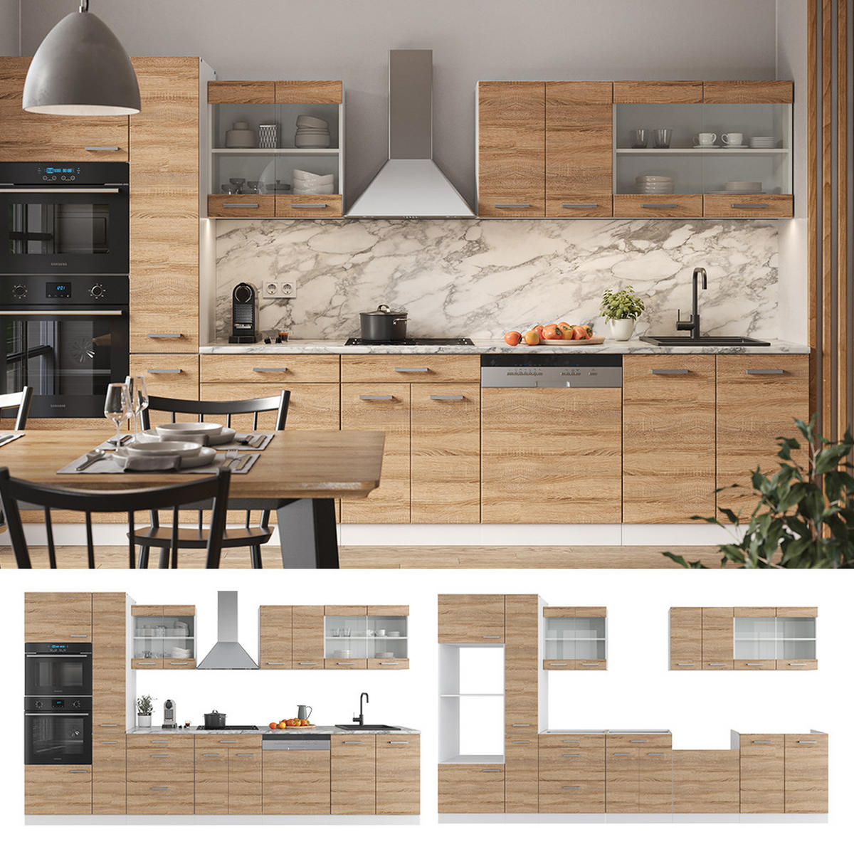 KÜCHENZEILE R-Line Sonoma/Weiß 350 cm mit Hochschrank, ohne AP - Weiß/Sonoma Eiche, Holzwerkstoff (350/81.6/46cm) - Vicco
