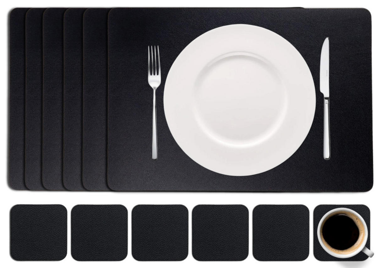 COOKINGLIFE 6 Platzsets + 6 Untersetzer - Veganes Leder - Schwarz - 12 Stück - Schwarz, Kunststoff (2/1cm) - Cookinglife