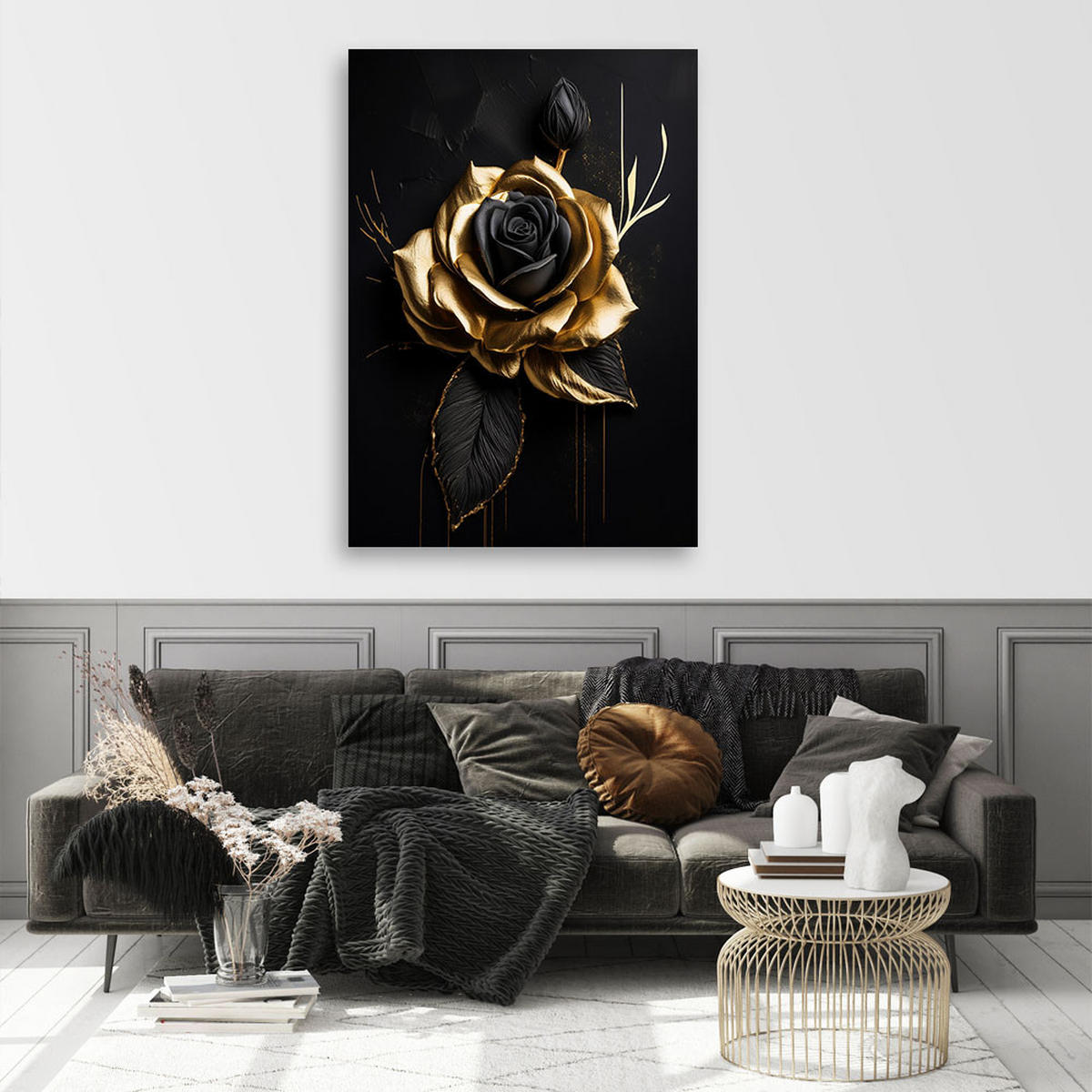 LEINWANDBILD Goldene Rose auf schwarzem Hintergrund - Goldfarben, Textil (40/60cm) - Feeby
