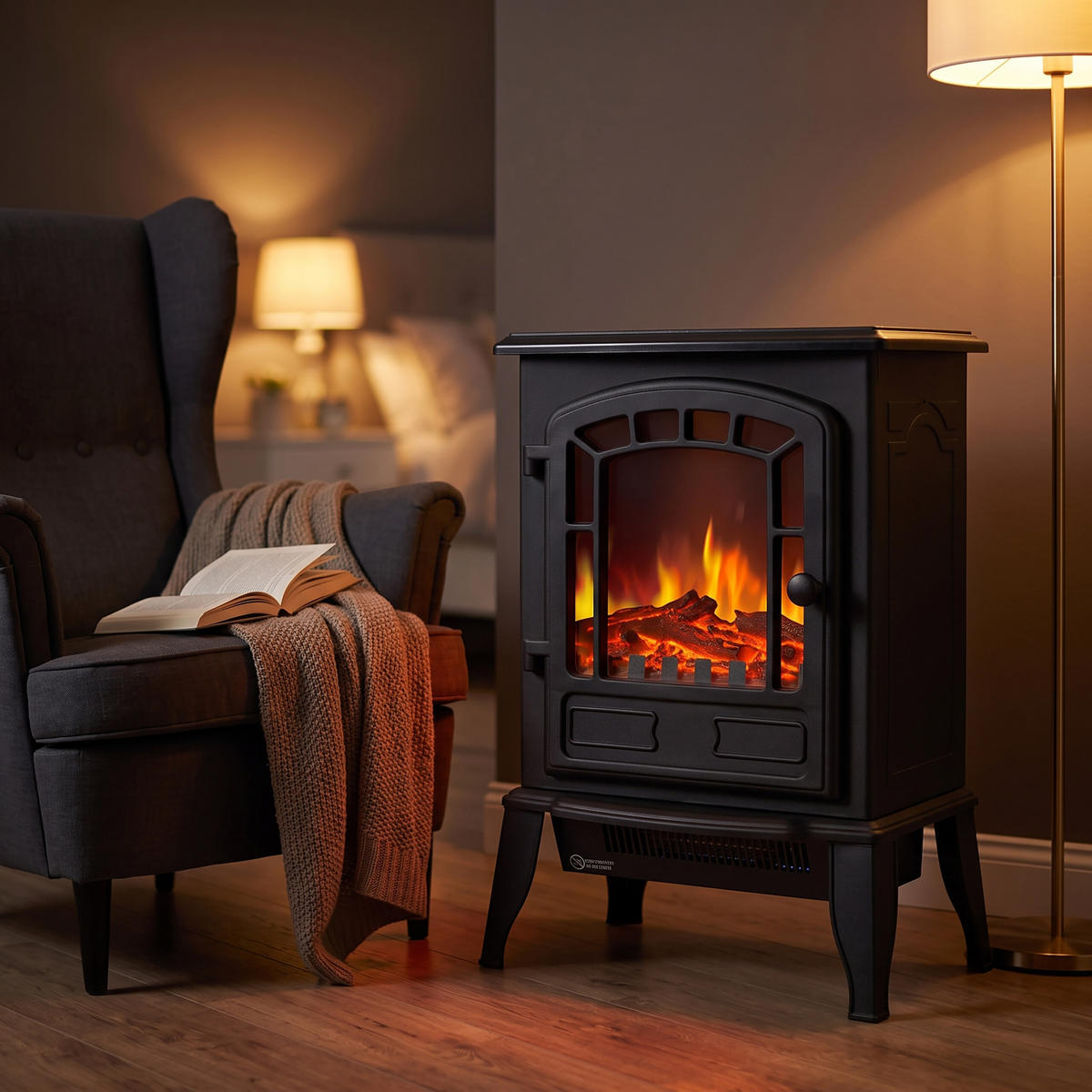 KAMIN Svart elektrisk med värmefläkt 2000 W - Svart, Glas/Plast (39/56.5/24cm) - Relaxdays