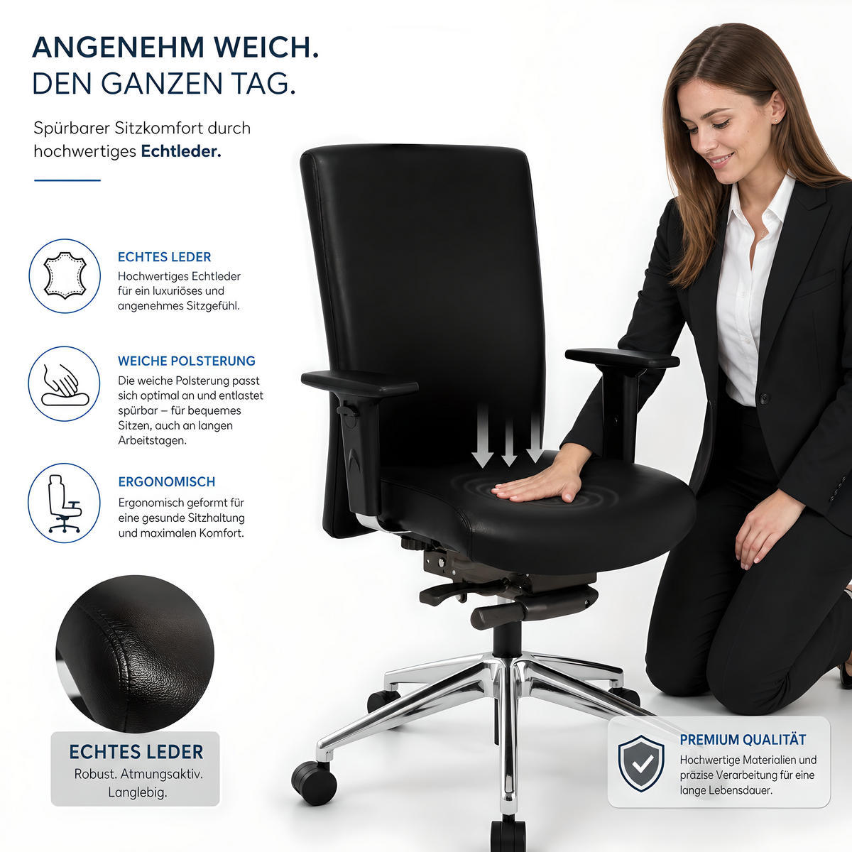 BÜROSTUHL Terox Echtleder Schwarz - ergonomisch, 150 kg belastbar, Sitzhöhe 54-66cm - Schwarz, Leder/Kunststoff (65/106/60cm) - Versee
