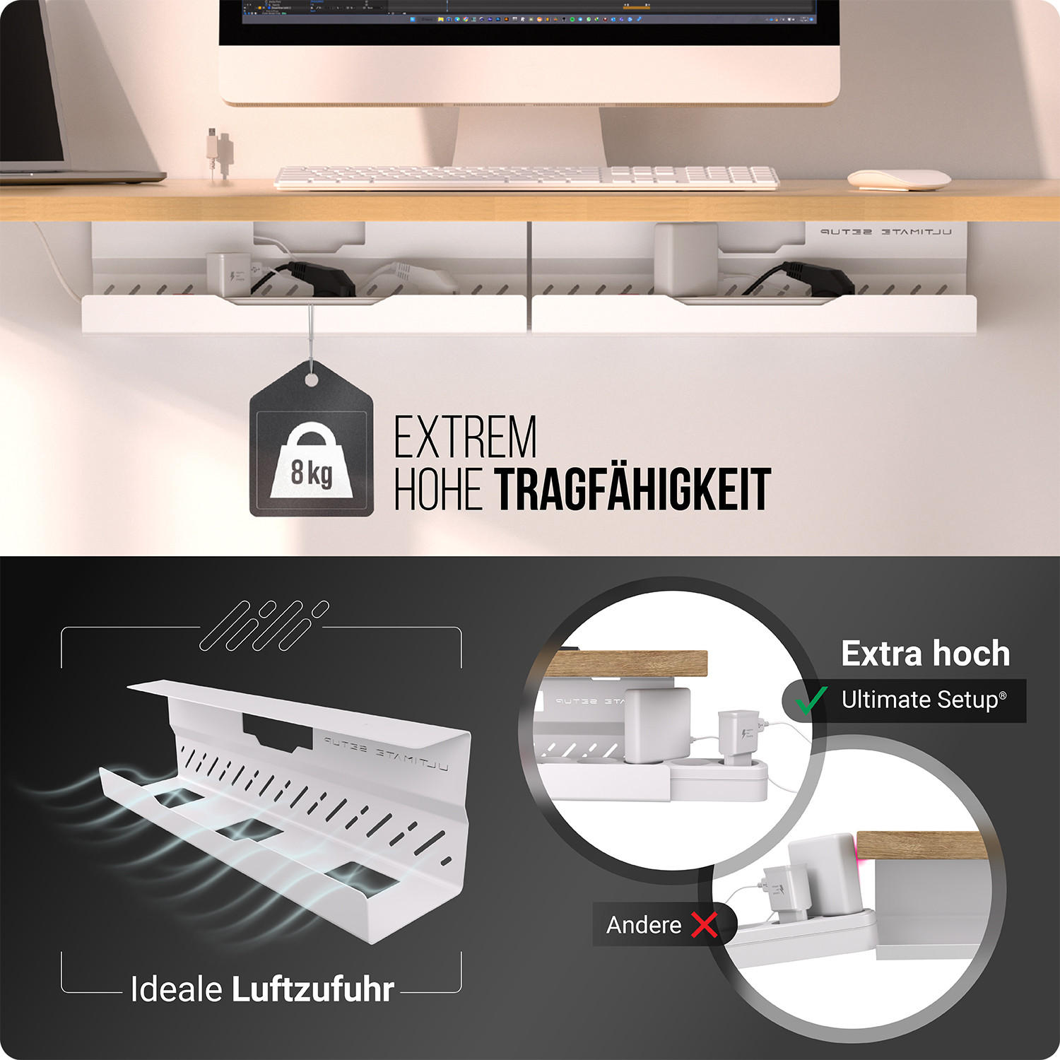 Kabelmanagementbox Unter Dem Schreibtisch - Weiß, 34x12x13cm, Mit Deckel & Verstellbaren Clips, Kabelorganizer Für Homeoffice & Büro